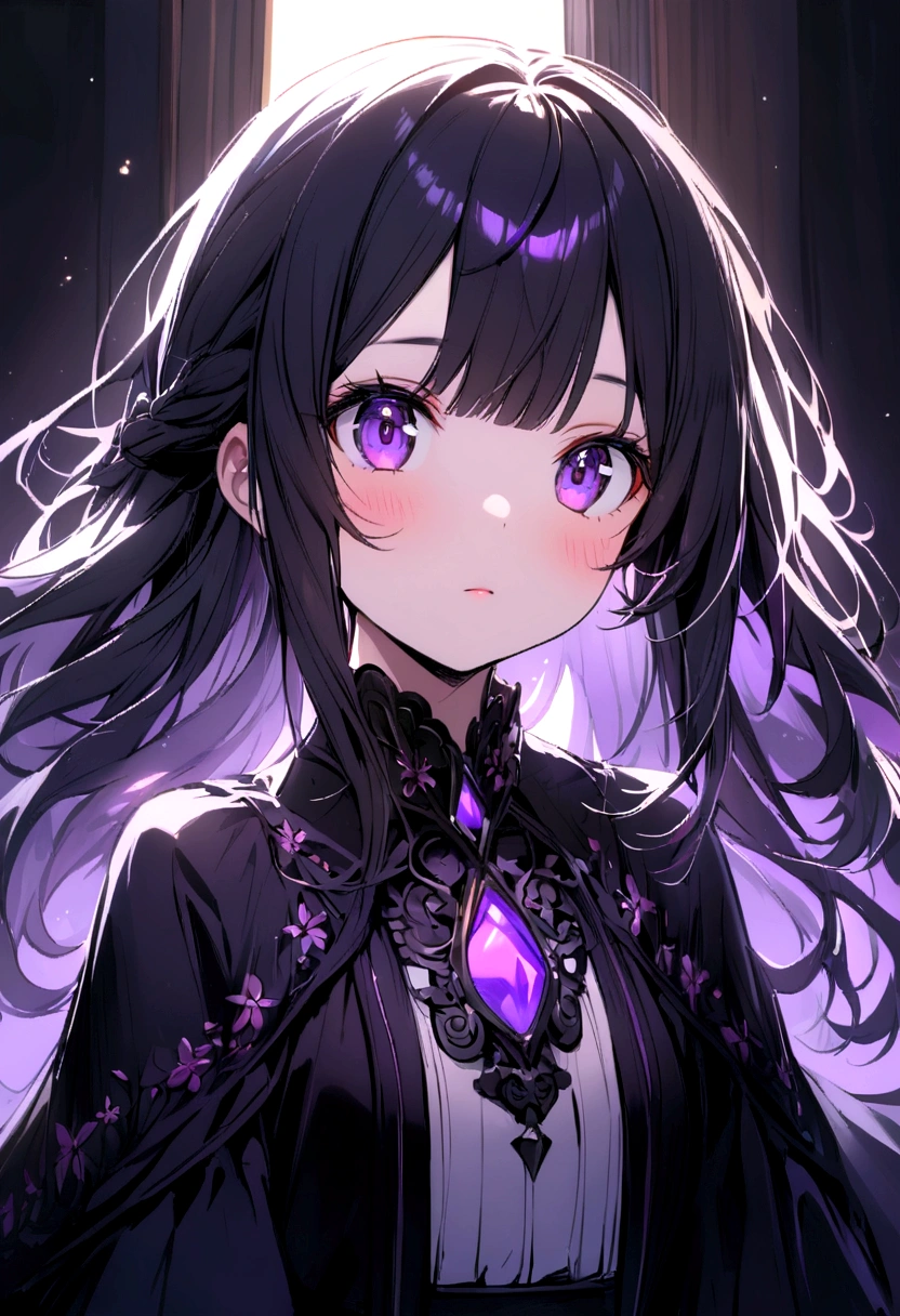 Purple eyes long black hair, cute and beautiful 