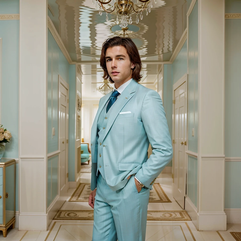 The character is standing in the living room, seeing off the guests, Brown hair, Mid-Sea Appearance, handsome male, elegant pose, in a pastel blue suit, The surroundings exude tranquility and luxury, ( Old Money Style Image),ultra realistic