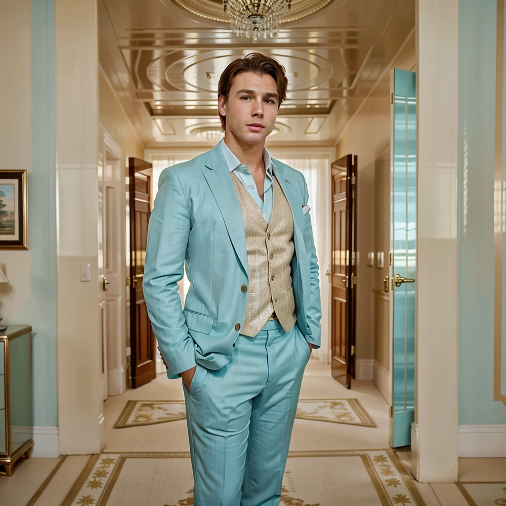 The character is standing in the living room, seeing off the guests, Brown hair, Mid-Sea Appearance, handsome male, elegant pose, in a pastel blue suit, The surroundings exude tranquility and luxury, ( Old Money Style Image),ultra realistic