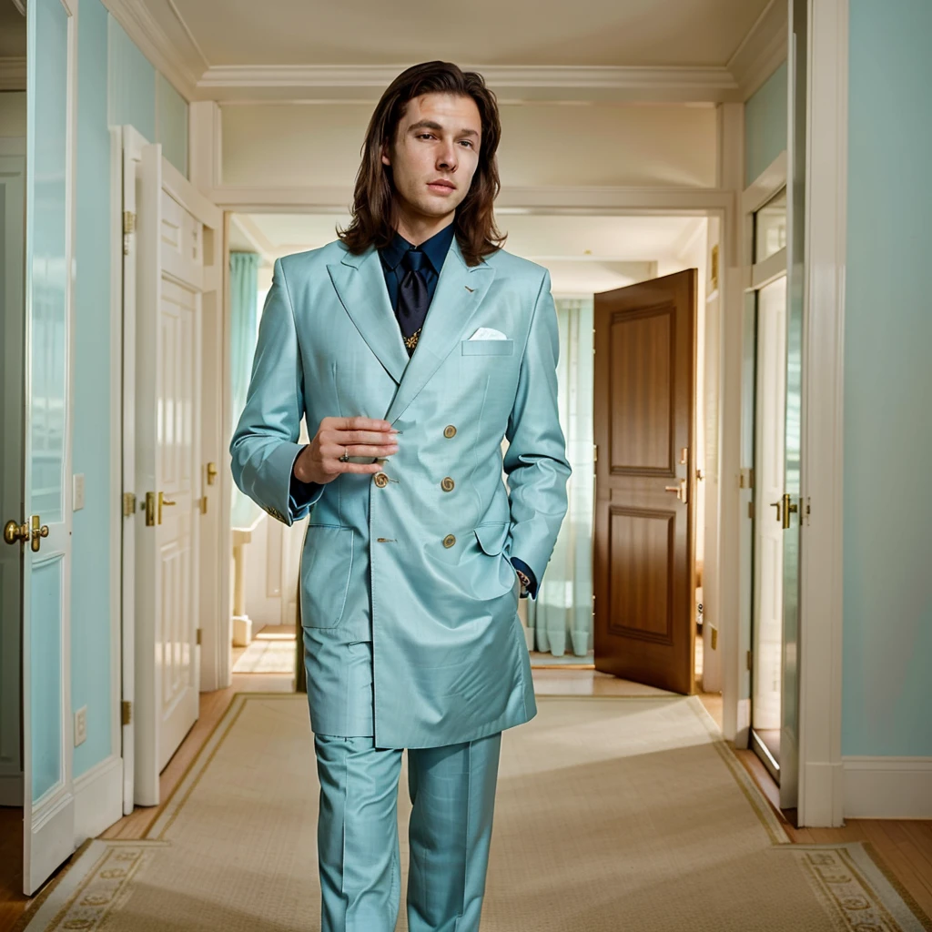 The character is standing in the living room, seeing off the guests, Brown hair, Mid-Sea Appearance, handsome male, elegant pose, in a pastel blue suit, The surroundings exude tranquility and luxury, ( Old Money Style Image),ultra realistic