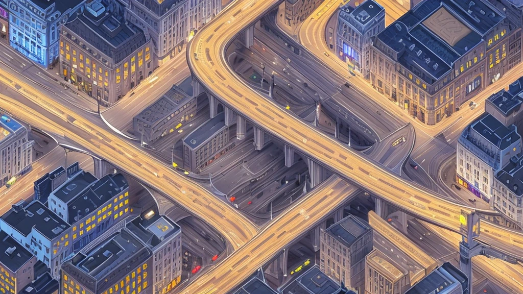 Straight road running through the center of the city, game concept, game map, pixel, pixel art, (straight road:1.2), paved road, night, detailed, horizontal, bird's eye view, modern city, front projection