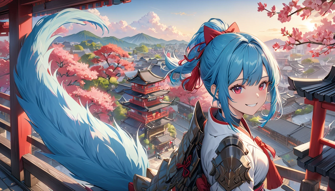 best quality, 4K, masterpiece, Extremely detailed, High Detail, 1 Girl, Solitary, Perry, Blue Hair, Hair covering one eye, Colorful hair, Double tail, Pink Hair, Red Eyes, Two-tone hair, armor, Smile, kyoto city background