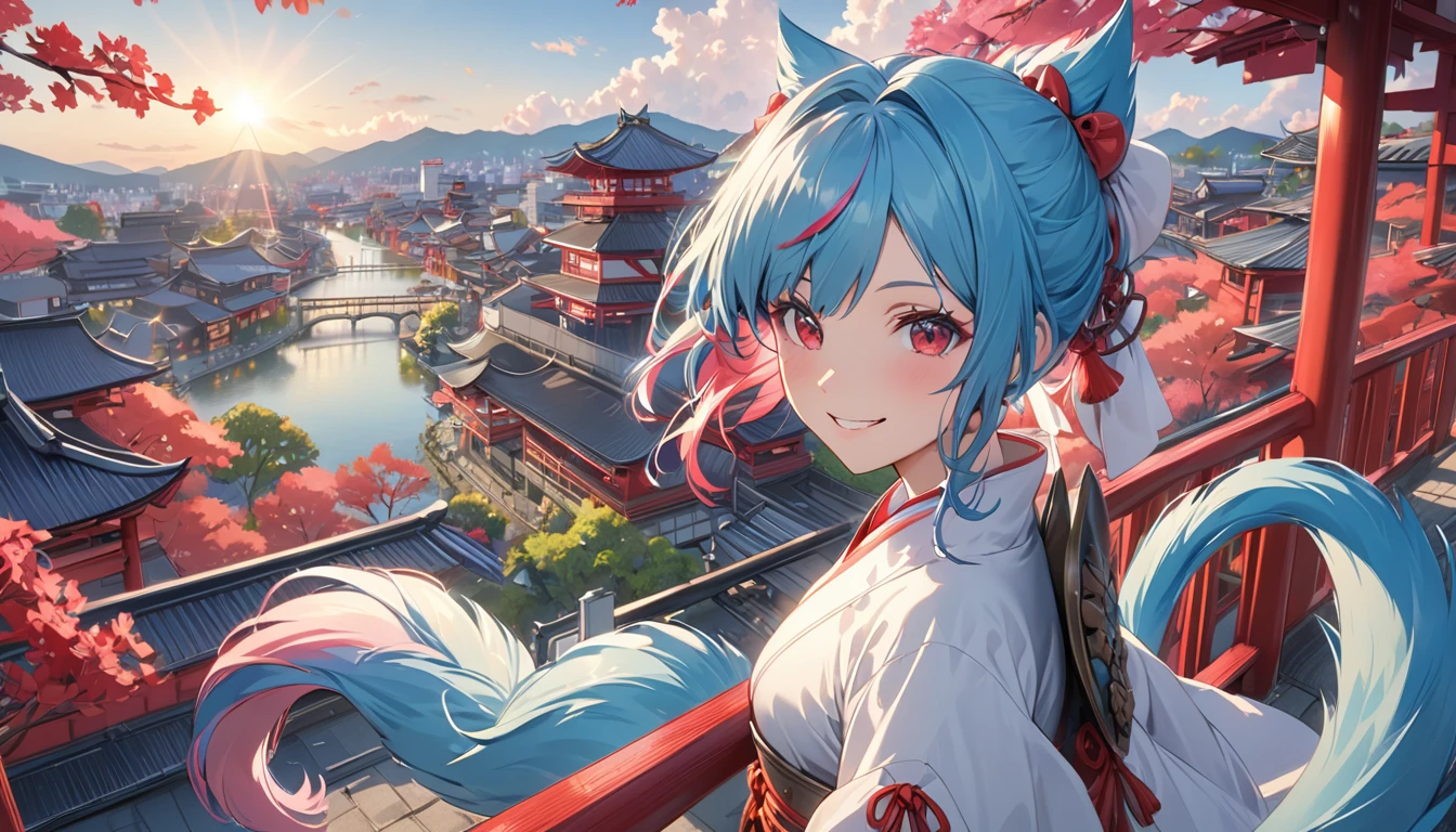 best quality, 4K, masterpiece, Extremely detailed, High Detail, 1 Girl, Solitary, Perry, Blue Hair, Hair covering one eye, Colorful hair, Double tail, Pink Hair, Red Eyes, Two-tone hair, armor, Smile, kyoto city background