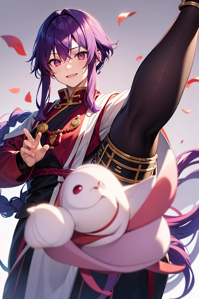 Purple Hair、Red eyes、White background、Anime characters、Knot、Braid、A man wearing black kung fu clothing、Smiling young man、Man standing facing forward、juvenile、White background