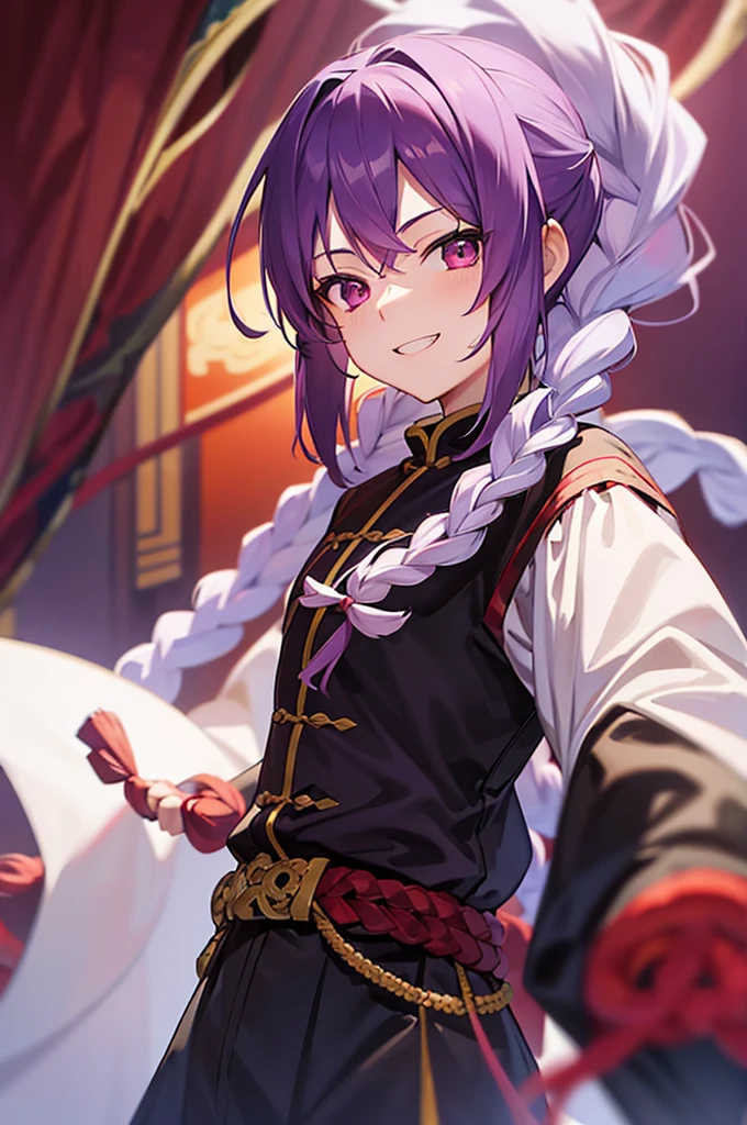 Purple Hair、Red eyes、White background、Anime characters、Knot、Braid、A man wearing black kung fu clothing、Smiling young man、Man standing facing forward、juvenile、White background