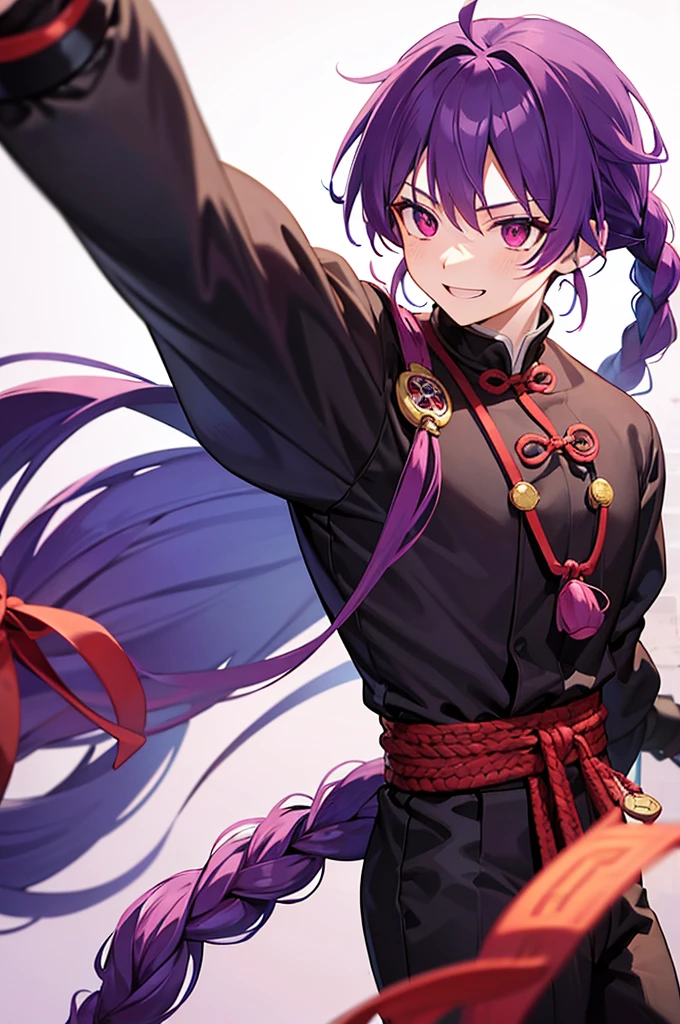 Purple Hair、Red eyes、White background、Anime characters、Knot、Braid、A man wearing black kung fu clothing、Smiling young man、Man standing facing forward、juvenile、White background