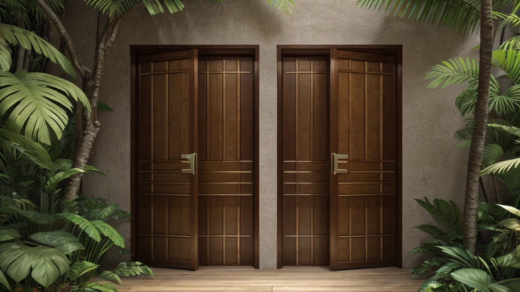 Five different doors in a jungle area, high quality, high resolution, 8k details including