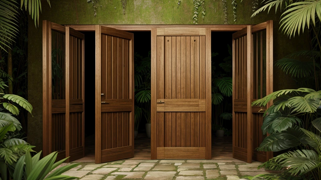 Five different doors in a jungle area, high quality, high resolution, 8k details including 