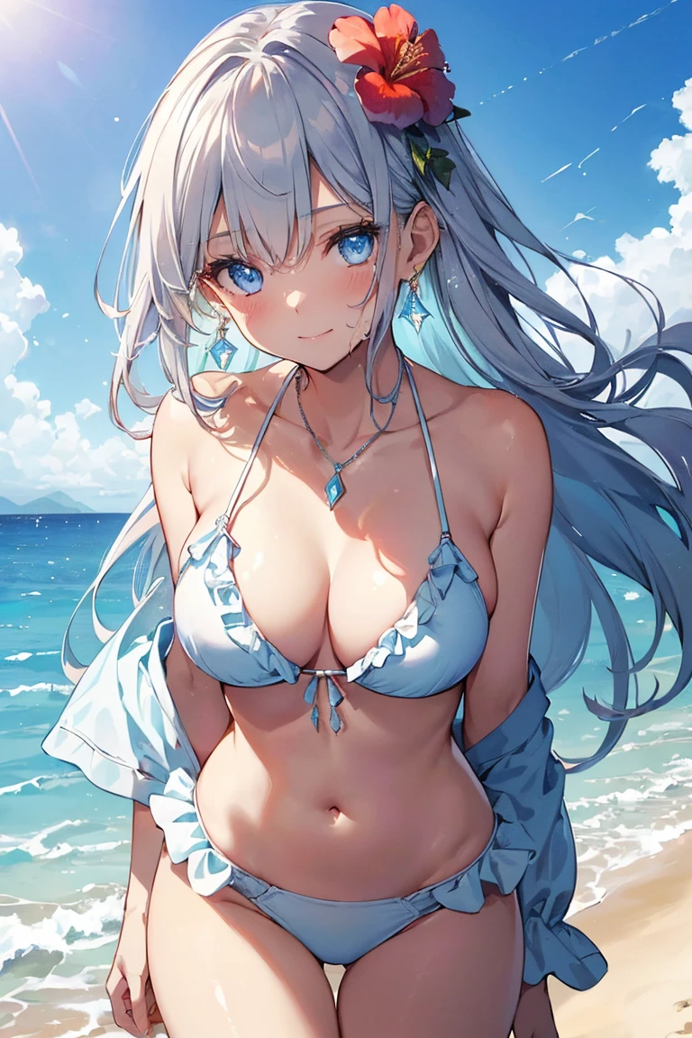 ((High quality, masterpiece, very high resolution, skin with fine details, eyes with fine details), digital painting illustration, 4K image quality, 1 girl, solo, (cute and beautiful girl), , (large breasts), (long silver hair fluttering in the wind), hibiscus hair ornament, (cute and beautiful blue eyes),smile, (white bikini with frills), necklace, earrings, wet body, (beach), blue sky, (glow with beautiful details), light particles, lens flare, film reflections