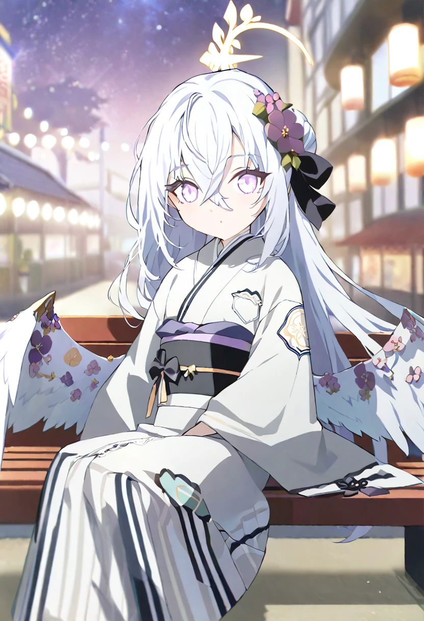 azusa \(blue archive\),1girl alternate_costume alternate_hairstyle angel_wings bench blurry braid braided_bun building depth_of_field feathered_wings flower hair_between_eyes hair_bun halo japanese_clothes kimono lamppost long_hair long_sleeves looking_at_viewer night night_sky obi obiage park park_bench purple_eyes sash sidelocks single_hair_bun sitting sky skyline skyscraper solo star_(sky) starry_sky stuffed_toy tree v_arms white_hair white_wings wide_sleeves wings yukata