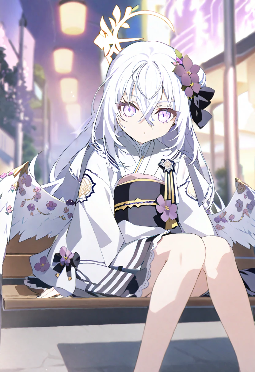 azusa \(blue archive\),1girl alternate_costume alternate_hairstyle angel_wings bench blurry braid braided_bun building depth_of_field feathered_wings flower hair_between_eyes hair_bun halo japanese_clothes kimono lamppost long_hair long_sleeves looking_at_viewer night night_sky obi obiage park park_bench purple_eyes sash sidelocks single_hair_bun sitting sky skyline skyscraper solo star_(sky) starry_sky stuffed_toy tree v_arms white_hair white_wings wide_sleeves wings yukata