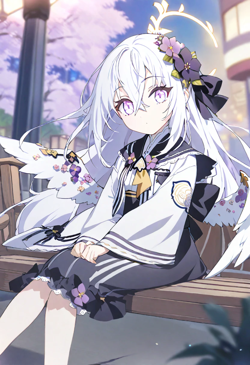 azusa \(blue archive\),1girl alternate_costume alternate_hairstyle angel_wings bench blurry braid braided_bun building depth_of_field feathered_wings flower hair_between_eyes hair_bun halo japanese_clothes kimono lamppost long_hair long_sleeves looking_at_viewer night night_sky obi obiage park park_bench purple_eyes sash sidelocks single_hair_bun sitting sky skyline skyscraper solo star_(sky) starry_sky stuffed_toy tree v_arms white_hair white_wings wide_sleeves wings yukata