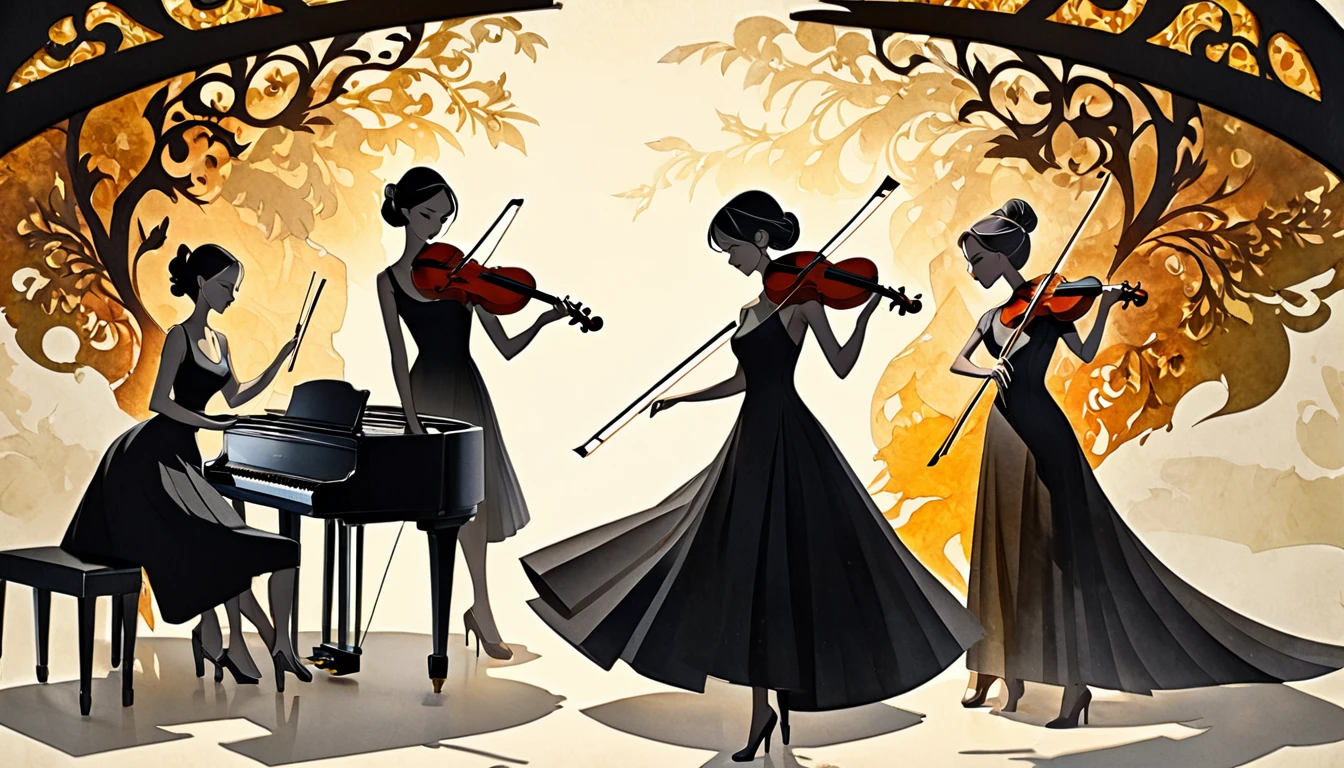 fusion of watercolors and oil paintings, fusion of paper cutting and shadow puppetry, best quality, super fine, 16k, 2.5D, delicate and dynamic depiction, trio, (piano, violin, cello), three beautiful women performer in black dresses, portrait, elegant effects, detailed decorated backgrounds, texture of old paper, abstract painting