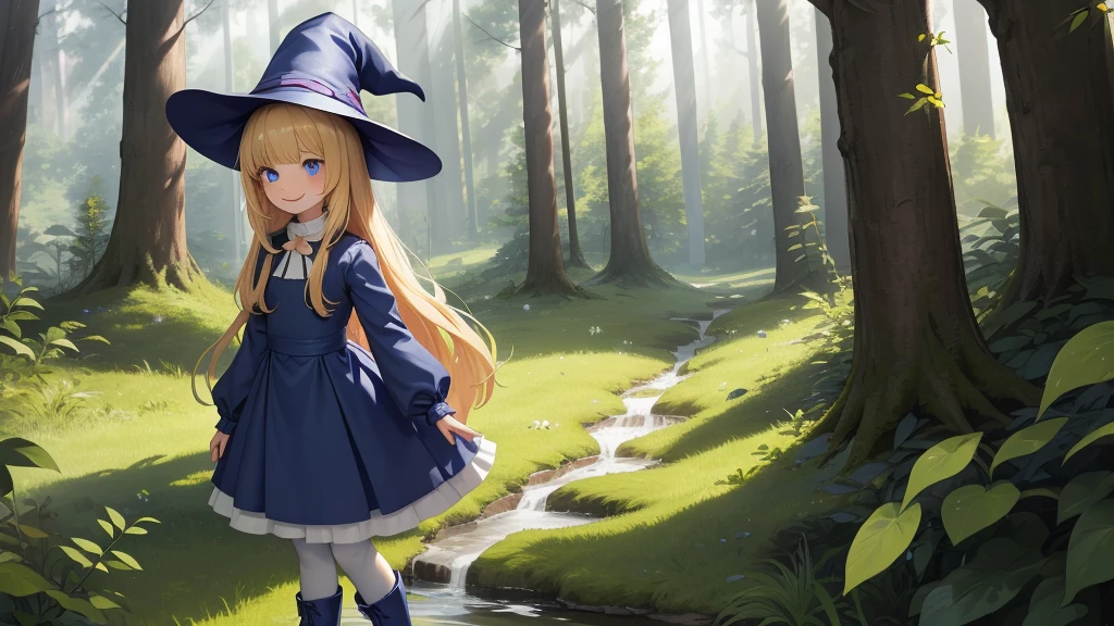 Perfect Biology、masterpiece, taller than,Very detailed, Absurd, witch, 8--old,rl,  alone, Blonde, Long Hair,  blue eyes, Blue Boots, Long sleeve,Have,in the forest, smile,White Pantyhose