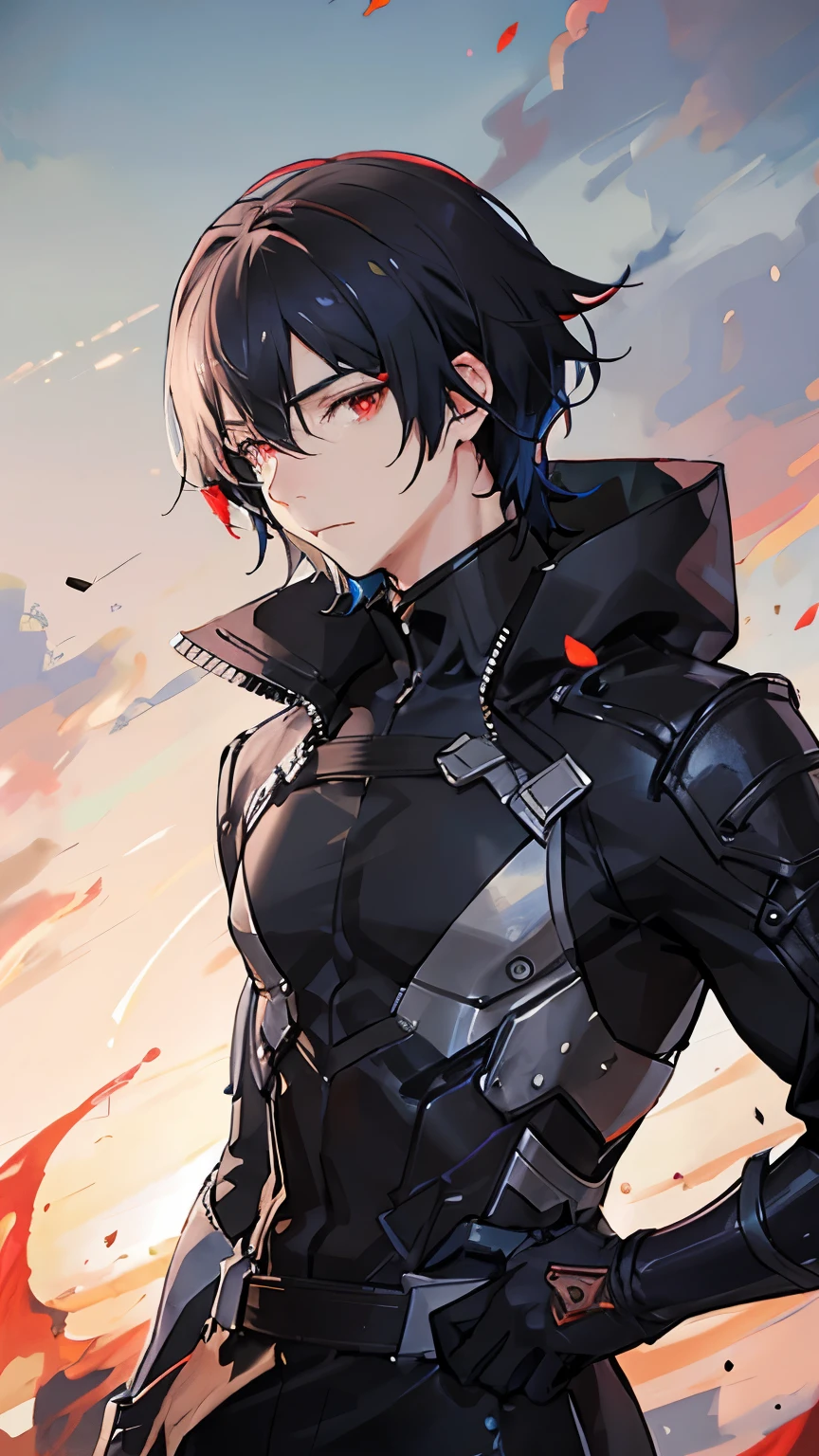 Make two male adults in anime style. One has medium white hair and vibrant blue eyes and the other has very long black hair and red eyes.