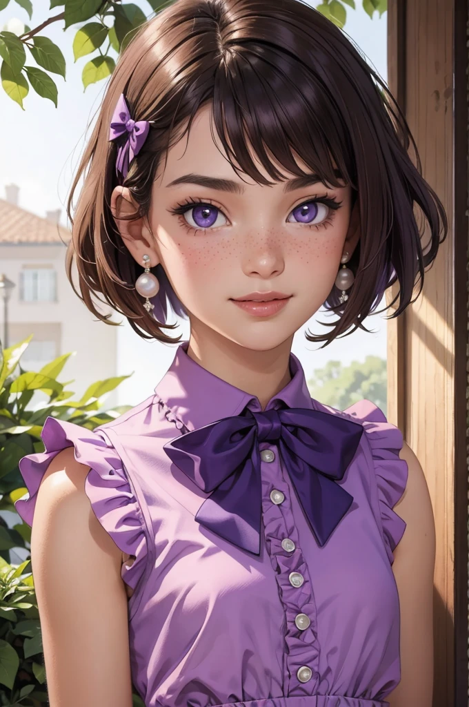 (((Masterpiece, Best Quality, High Resolution)))), Extremely detailed 8K, (Ultra HD, Ultra-detailed, Highly detailed, Highly realistic, Ultra-realistic, photograph realistic), (HD Quality), sharp focus, (Close up shot), , Beautiful face, Fair skin, Slight freckles, ((Purple eyes, doe eyes)), ((Classic eyeliner, Pink blush)), (((Dark brunette, thick french bob))), Pearl earrings and pearl barrette, (((Purple ruffle-sleeveless bow-tie neck blouse))), (looks directly at the camera, pretty smile), Mansion setting, Beautiful garden, (Focusing on the face, smooth skin texture, sun shining bright)