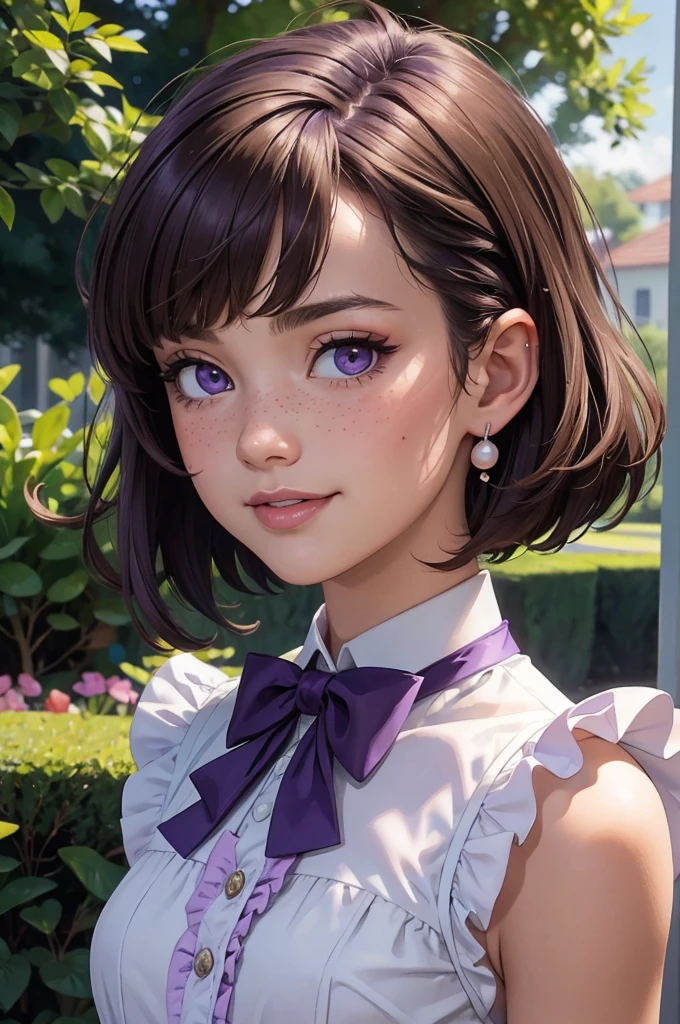 (((Masterpiece, Best Quality, High Resolution)))), Extremely detailed 8K, (Ultra HD, Ultra-detailed, Highly detailed, Highly realistic, Ultra-realistic, photograph realistic), (HD Quality), sharp focus, (Close up shot), 16 years old, Beautiful face, Fair skin, Slight freckles, ((Purple eyes, doe eyes)), ((Classic eyeliner, Pink blush)), (((Dark brunette, thick french bob))), Pearl earrings and pearl barrette, (((Purple ruffle-sleeveless bow-tie neck blouse))), (looks directly at the camera, pretty smile), Mansion setting, Beautiful garden, (Focusing on the face, smooth skin texture, sun shining bright)