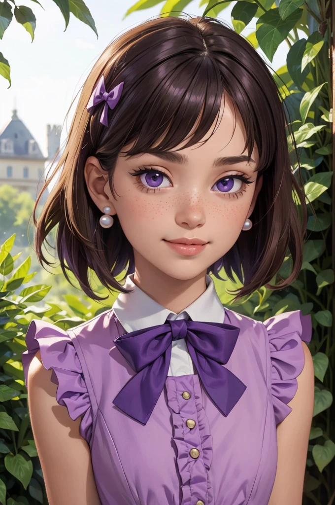 (((Masterpiece, Best Quality, High Resolution)))), Extremely detailed 8K, (Ultra HD, Ultra-detailed, Highly detailed, Highly realistic, Ultra-realistic, photograph realistic), (HD Quality), sharp focus, (Close up shot), 16 years old, Beautiful face, Fair skin, Slight freckles, ((Purple eyes, doe eyes)), ((Classic eyeliner, Pink blush)), (((Dark brunette, thick french bob))), Pearl earrings and pearl barrette, (((Purple ruffle-sleeveless bow-tie neck blouse))), (looks directly at the camera, pretty smile), Mansion setting, Beautiful garden, (Focusing on the face, smooth skin texture, sun shining bright)