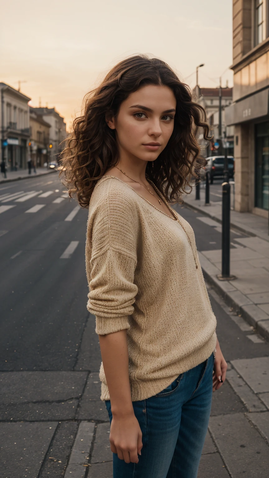 A photorealistic portrait of a young European female model with big, curly brown hair, wearing fashionable street clothes, shown in a mid-shot capturing her confident stance, 6k resolution, intricate details on her hair texture and clothing, set against a urban street backdrop with a mix of modern and classical architecture, highlighted by soft evening sunset lighting.