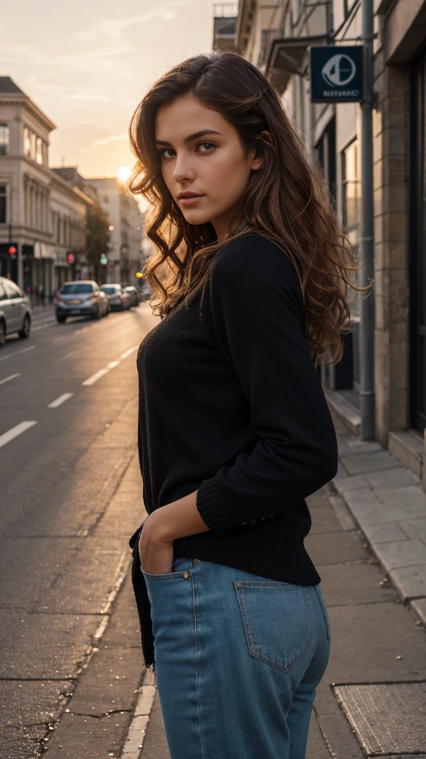 A photorealistic portrait of a young European female model with big, curly brown hair, wearing fashionable street clothes, shown in a mid-shot capturing her confident stance, 6k resolution, intricate details on her hair texture and clothing, set against a urban street backdrop with a mix of modern and classical architecture, highlighted by soft evening sunset lighting.