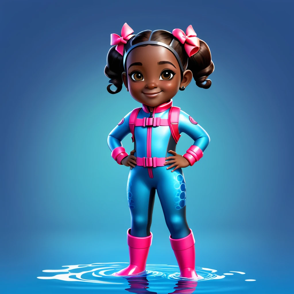 Create a full-body view of a kid-friendly avatar of a young girl named Arya with dark skin, hair styled in pigtails with pink and red bows. She is wearing scuba gear, including a pink wetsuit, blue overalls, goggles, snorkel, and pink flippers. The avatar should be cartoonish with large, expressive eyes, a friendly smile, and a playful demeanor. The background should be a simple blue gradient.