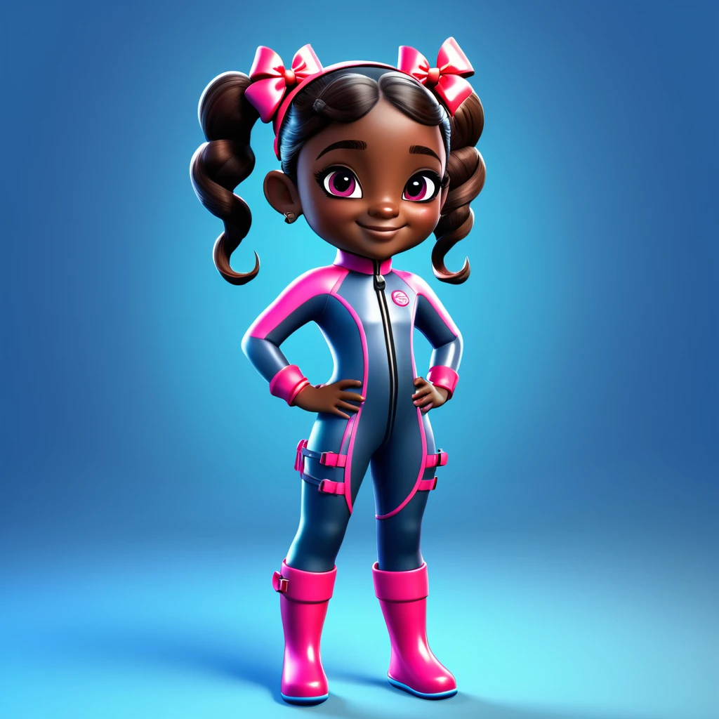 Create a full-body view of a kid-friendly avatar of a young girl named Arya with dark skin, hair styled in pigtails with pink and red bows. She is wearing scuba gear, including a pink wetsuit, blue overalls, goggles, snorkel, and pink flippers. The avatar should be cartoonish with large, expressive eyes, a friendly smile, and a playful demeanor. The background should be a simple blue gradient.