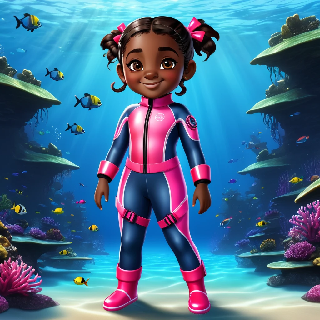 Create a full-body view of a kid-friendly avatar of a young girl named Arya with dark skin, hair styled in pigtails with pink and red bows. She is wearing scuba gear, including a pink wetsuit, blue overalls, goggles, snorkel, and pink flippers. The avatar should be cartoonish with large, expressive eyes, a friendly smile, and a playful demeanor. The background should be a simple blue gradient.
