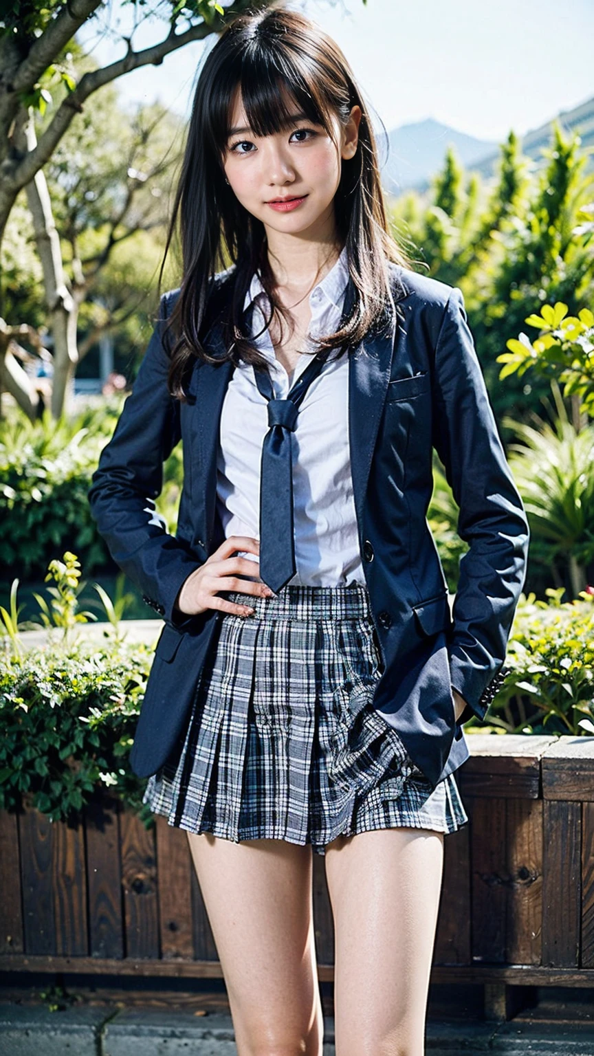 (8K、RAW Photos、Highest quality、masterpiece:1.2)、(Realistic、Realistic)、1 Girl、((Black Check Mini Skirt、High School Uniform、blazer、Navy Socks、loafers、Medium Hair、garden、View from the front、Looking into the camera、Stand with hands on hips))、cute