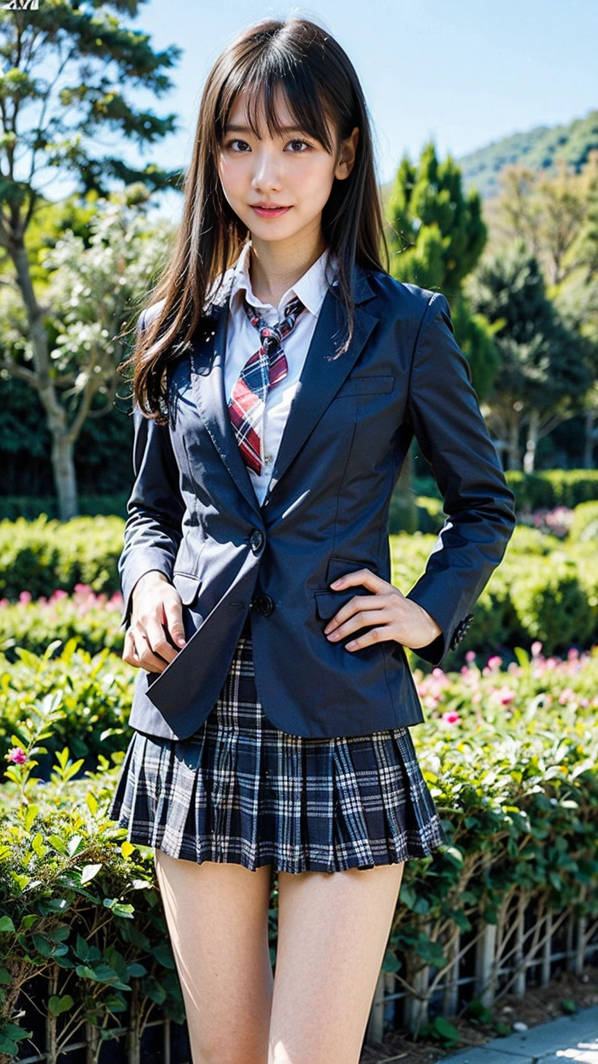 (8K、RAW Photos、Highest quality、masterpiece:1.2)、(Realistic、Realistic)、1 Girl、((Black Check Mini Skirt、High School Uniform、blazer、Navy Socks、loafers、Medium Hair、garden、View from the front、Looking into the camera、Stand with hands on hips))、cute
