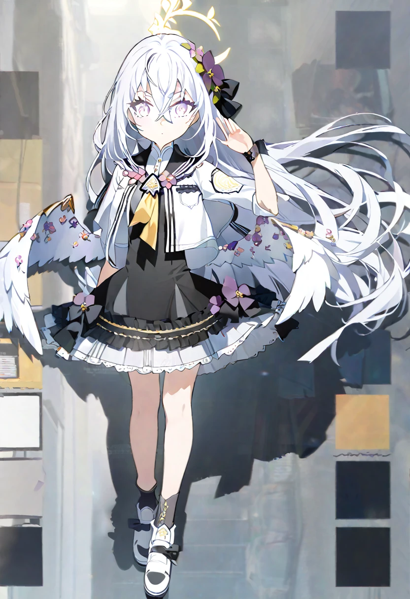 azusa \(blue archive\),1girl aged_down anchor_bracelet anchor_choker angel_wings blue_choker blue_ribbon blue_sailor_collar braid choker collarbone crossed_bangs dress expressions feathered_wings flower full_body gas_mask grey_hair hair_between_eyes hair_flower hair_ornament hair_ribbon halo hat long_hair looking_at_viewer low_twin_braids low_wings mask neckerchief pigeon-toed purple_eyes ribbon sailor_collar sailor_hat salute school_uniform serafuku shoes short_sleeves sneakers socks standing twin_braids two-finger_salute v very_long_hair white_dress white_footwear white_socks white_wings wings yellow_neckerchief zoom_layer