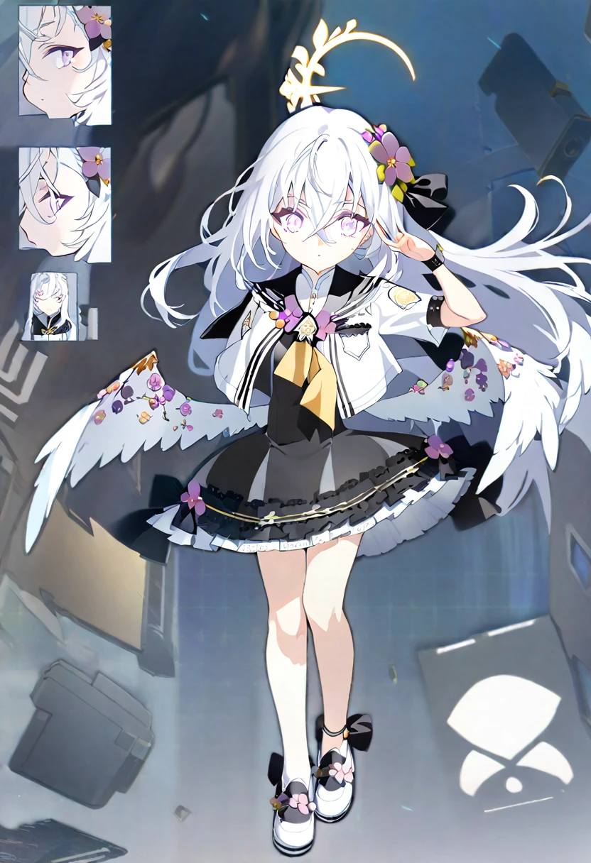 azusa \(blue archive\),1girl aged_down anchor_bracelet anchor_choker angel_wings blue_choker blue_ribbon blue_sailor_collar braid choker collarbone crossed_bangs dress expressions feathered_wings flower full_body gas_mask grey_hair hair_between_eyes hair_flower hair_ornament hair_ribbon halo hat long_hair looking_at_viewer low_twin_braids low_wings mask neckerchief pigeon-toed purple_eyes ribbon sailor_collar sailor_hat salute school_uniform serafuku shoes short_sleeves sneakers socks standing twin_braids two-finger_salute v very_long_hair white_dress white_footwear white_socks white_wings wings yellow_neckerchief zoom_layer
