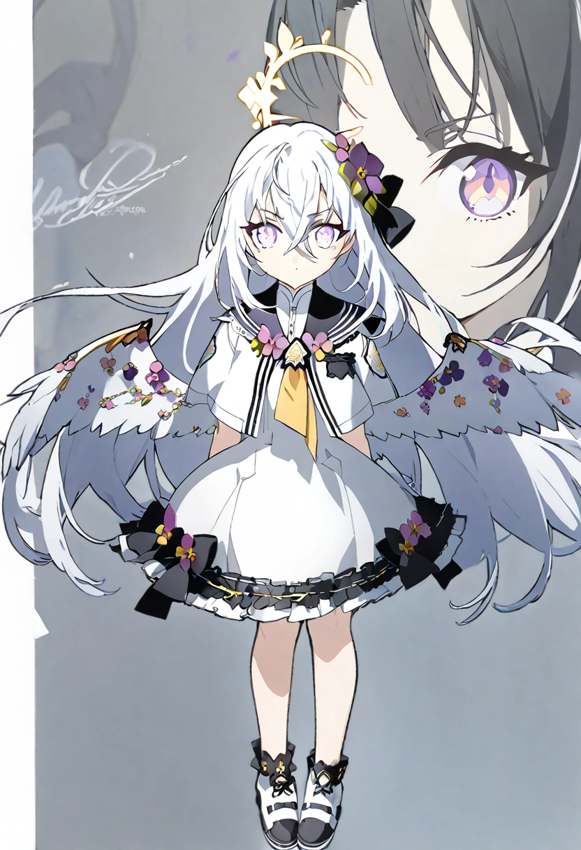 azusa \(blue archive\),1girl aged_down anchor_bracelet anchor_choker angel_wings blue_choker blue_ribbon blue_sailor_collar braid choker collarbone crossed_bangs dress expressions feathered_wings flower full_body gas_mask grey_hair hair_between_eyes hair_flower hair_ornament hair_ribbon halo hat long_hair looking_at_viewer low_twin_braids low_wings mask neckerchief pigeon-toed purple_eyes ribbon sailor_collar sailor_hat salute school_uniform serafuku shoes short_sleeves sneakers socks standing twin_braids two-finger_salute v very_long_hair white_dress white_footwear white_socks white_wings wings yellow_neckerchief zoom_layer