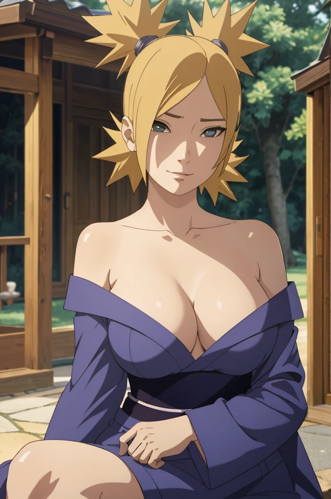 Masterpiece, absurderes , (Intricate details), (Colorful),cleavage，Off-the-shoulder attire，Cinematic lighting,Bust Up Shot,Extremely detailed Cg Unity 8K wallpaper,Temari\(Boruto\), 1girll, Mature female,blue kimono,  Sitting, Outdoors,Wind,  view the viewer,ssmile,big breast,breast visible,sexy,