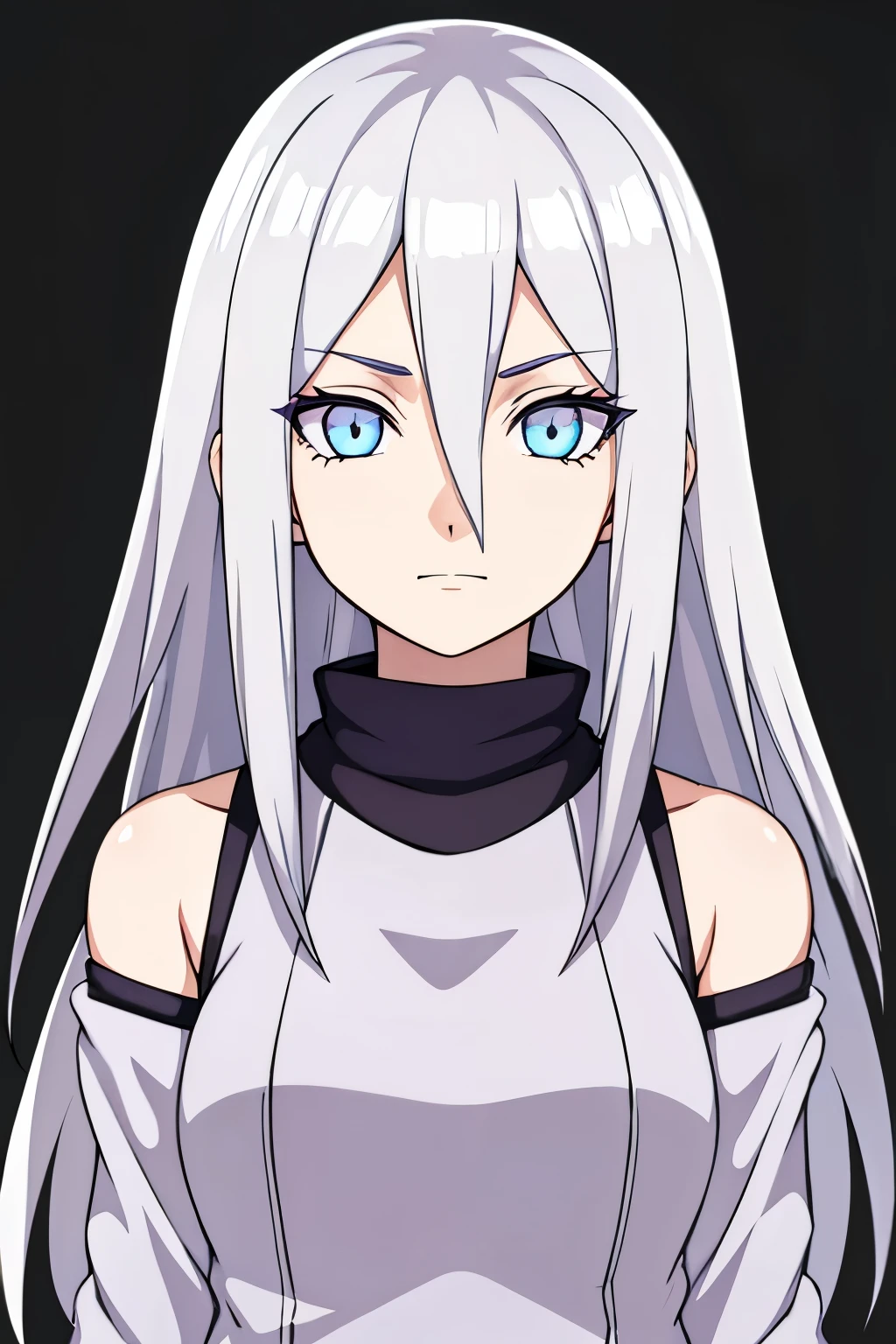 (high-quality, breathtaking),(expressive eyes, perfect face) portrait, Symmetrical Eyes, 1girl, female, solo, teenager, short height, white hair, white coloured eyes, byakugan, anime naruto art style, long hair, fluffy hair, feminine face, grey background, hallway background, detailed eyes, hyuga, Ōtsutsuki, naruto ninja attire, neutral expression, soft smile, purple and black clothing, white trim, long sleeves, white dress, hair between eyes, bare shoulders, jacket
