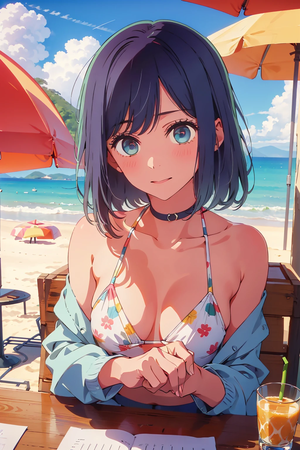 (Highest quality:1.4、masterpiece:1.4、Super detailed:1.4、8K:1.4)、((((1 person、Surprised expression、sit、Outdoor café terrace、coastal、juice、table、Sandy Beach、juiceのグラスを持つ、Big eyes、Plain Bikini、Very cute face))))、The depth of the written world、F cup bust、Medium breast