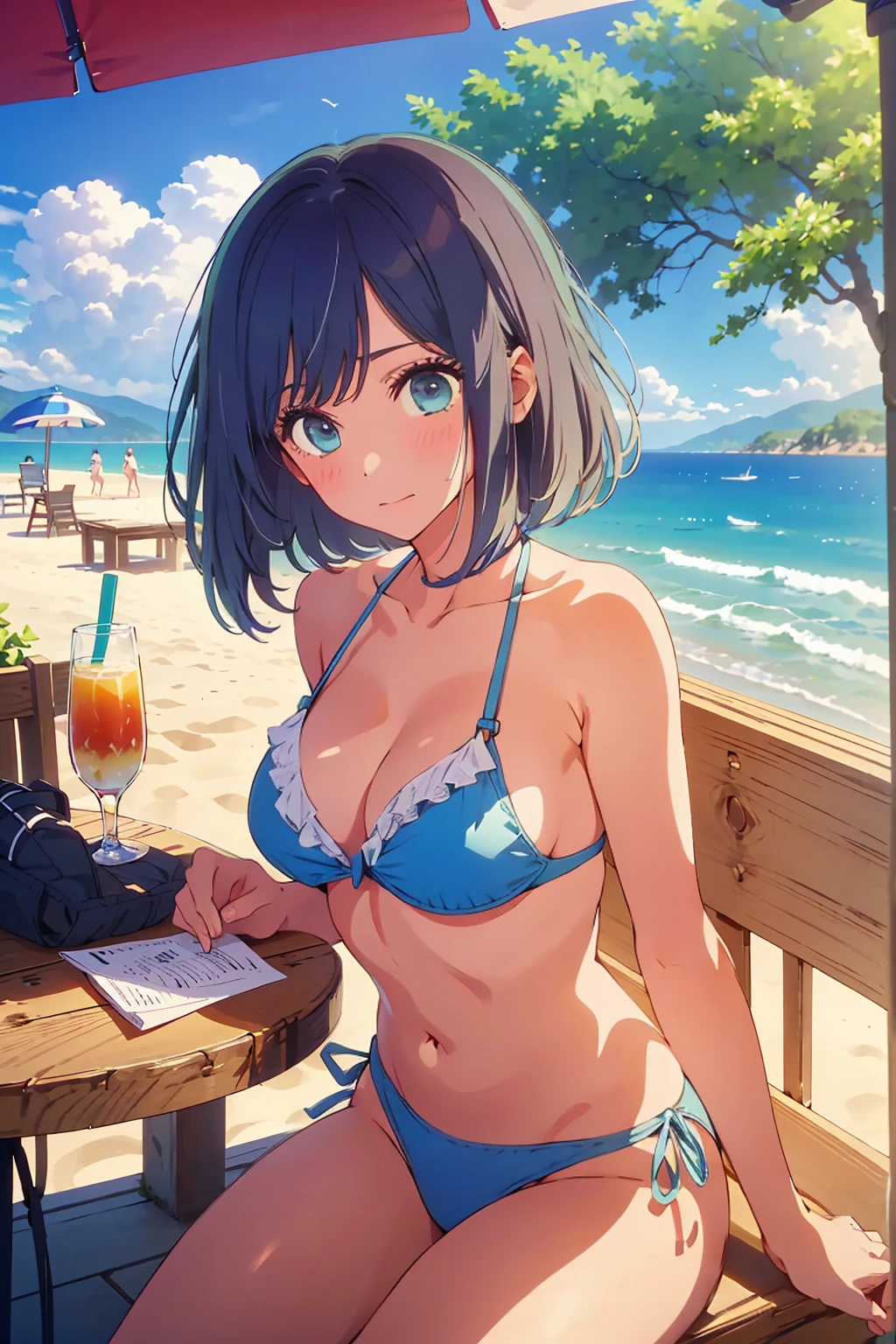 (Highest quality:1.4、masterpiece:1.4、Super detailed:1.4、8K:1.4)、((((1 person、Surprised expression、sit、Outdoor café terrace、coastal、juice、table、Sandy Beach、juiceのグラスを持つ、Big eyes、Plain Bikini、Very cute face))))、The depth of the written world、F cup bust、Medium breast