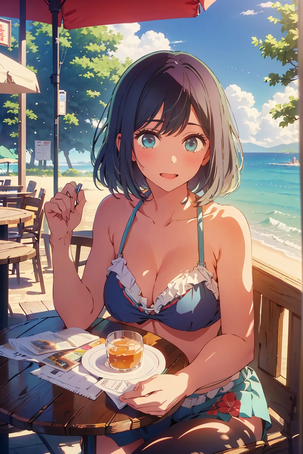 (Highest quality:1.4、masterpiece:1.4、Super detailed:1.4、8K:1.4)、((((1 person、Surprised expression、sit、Outdoor café terrace、coastal、juice、table、Sandy Beach、juiceのグラスを持つ、Big eyes、Plain Bikini、Very cute face))))、The depth of the written world、F cup bust、Medium breast