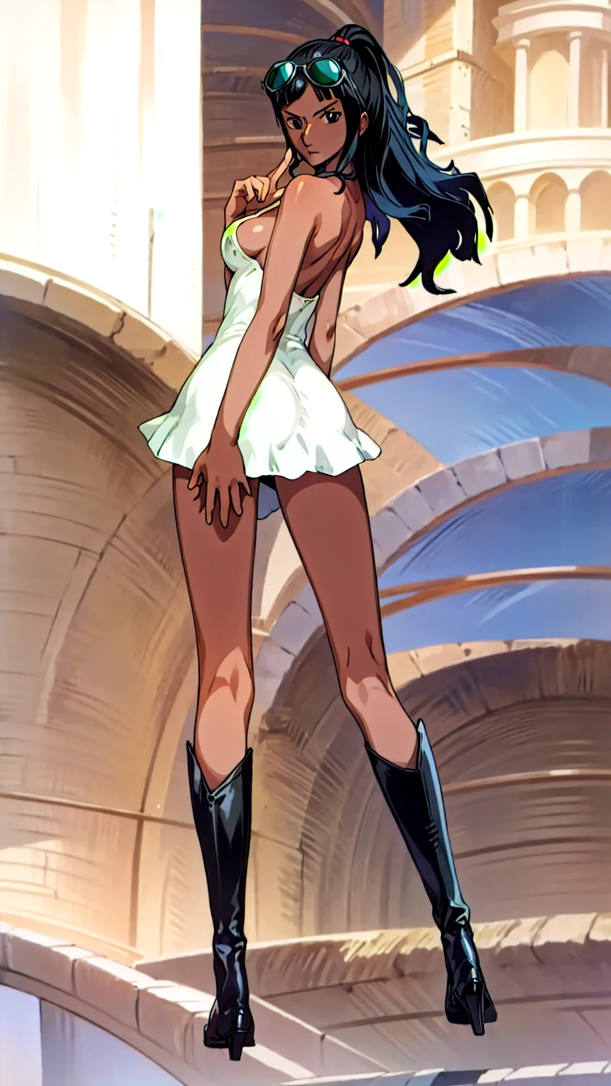 1girl, solo, boots, eyewear on head, black hair, dress, high heels, sunglasses, short dress, long hair, looking back, breasts, ponytail, nico robin, legs,medium_breasts,sideboob