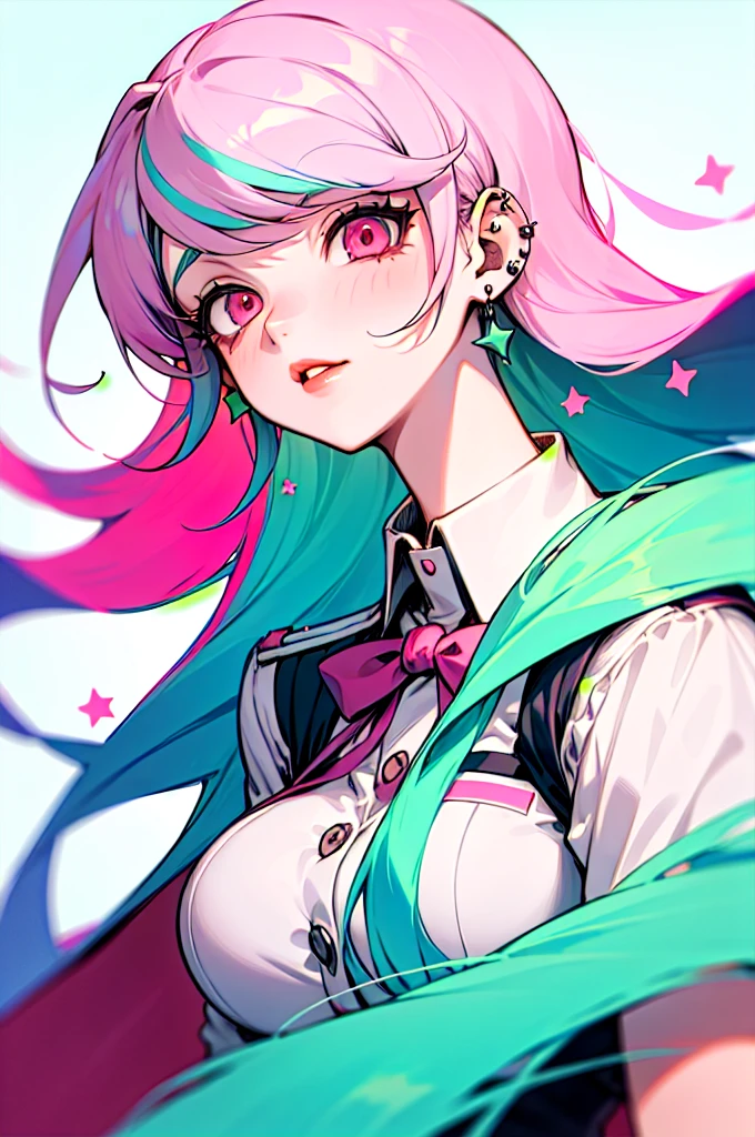 a girl from the danganronpa anime with long turquoise blue hair with green and pink streaks, pink eyes with stars,medium big tits, danganronpa academy uniform , piercings, thick red lips
