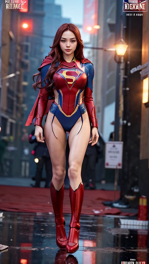(masterpiece), (best quality), (ultra detailed), (epic lights reflections), glowing, luminous neon lights, 1girl, red eyes, red hair, full makeups, red lips, fit body hair blown by strong winds, she is a Beautiful Supergirl, very tight body shape suit, blue red Supergirl bodysuit, ultra bodysuit details, red cape blown by winds, ((full body)), symmetrical pose, model posing in the middle, metropolis city,
