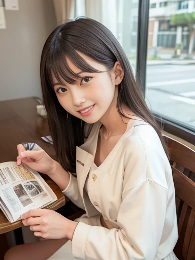 Japanese female, a lot of details, (underweight), 30 years old, detailed black hair, beautiful detailed hair, super fucking beautiful, delicate beautiful face, complex details beautiful and delicate eyes, perfect hands, (flat chest best quality:1.5), perfect and delicate limbs, detailed skin, best quality, ultra-detailed,(cheerful grin:1.5),
open cafe, sitting, medium hair, (cream jacket), (cream skirt), japanese, in the city, with a chair, with a table, (reading a magazine:1.3),cowboy shot, from side, low angle shot