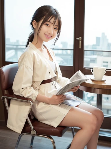 Japanese female, a lot of details, (underweight), 30 years old, detailed black hair, beautiful detailed hair, super fucking beautiful, delicate beautiful face, complex details beautiful and delicate eyes, perfect hands, (flat chest best quality:1.5), perfect and delicate limbs, detailed skin, best quality, ultra-detailed,(cheerful grin:1.5),
open cafe, sitting, medium hair, (cream jacket), (cream skirt), japanese, in the city, with a chair, with a table, (reading a magazine:1.3),cowboy shot, from side, low angle shot