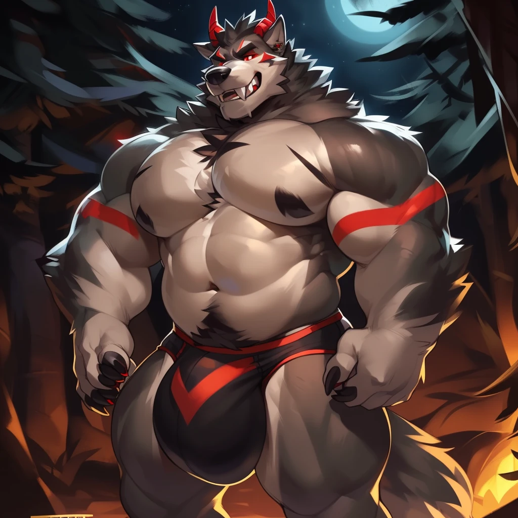 Solo, male (((giant, tall, wolf, werewolf, red eyes, grey body, Muscular, broad shoulders, hyper pecs, huge pecs, huge muscles, abs, muscular arms, muscular thighs, sharp teeth, black chest hair, black nose, tail, fangs, exposed teeth, clawed hands, clawed feet, big tusks, horns, big horns, body marking, red markings, black claws, scruffy cheeks, huge bulge))) forest, night, standing ((male focus, focus wolf, focus teeth)) rubbing stomach, detailed hands, detailed eyes, detailed face, detailed teeth, detailed tusks, detailed arms, detailed abs, detailed bulge, detailed snout, briefs, black briefs, big briefs, accurate tusk placement, perfect anatomy, by darkgem, by mystikfox61, by glitter trap boy