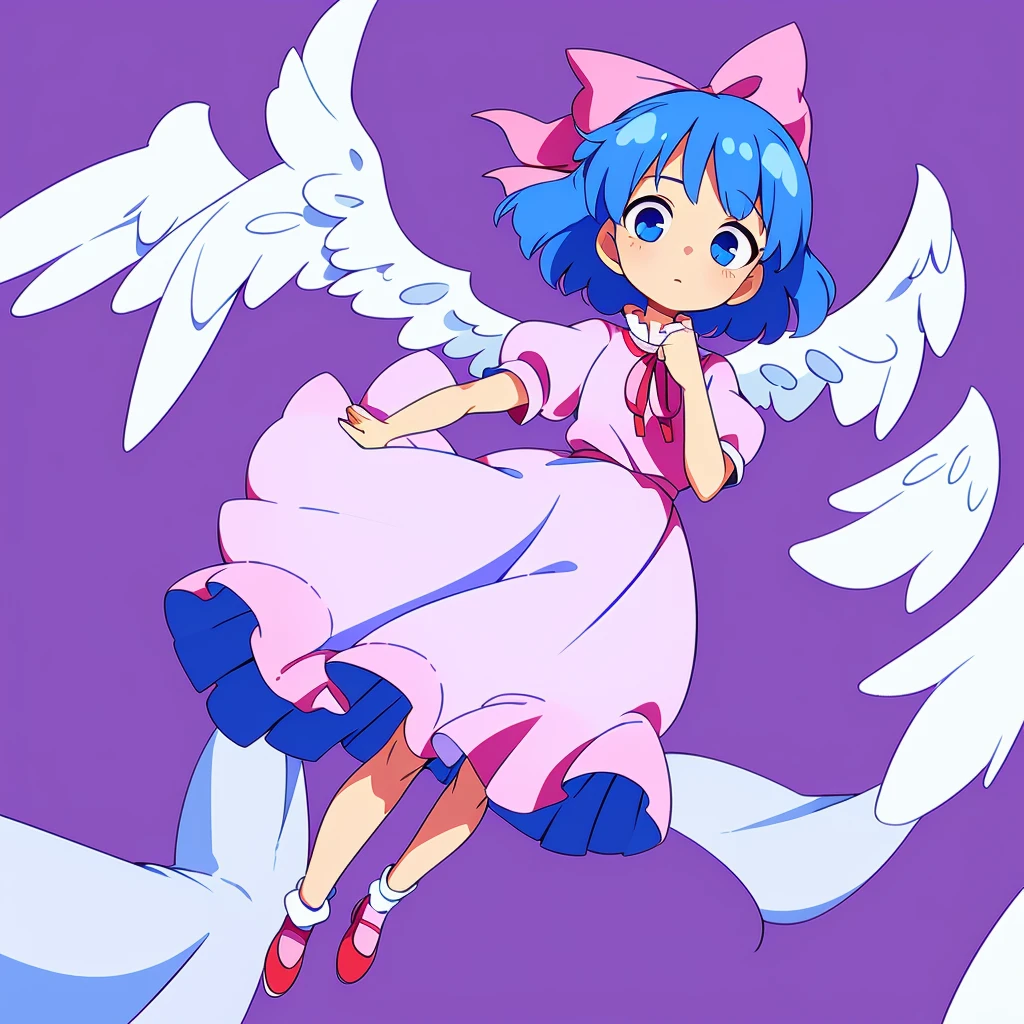 masterpiece, best quality, 1girl, , , , medium blue hair, hair flaps, pink ribbon on head, well-formed face, blue eyes, angel girl, white blouse, puffy short sleeves, red ribbon, angel wings, long white skirt, red shoes, frills, ribbon head