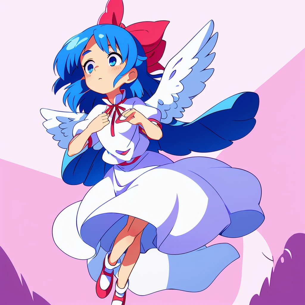 masterpiece, best quality, 1girl, , , 10 years old, medium blue hair, hair flaps, pink ribbon on head, well-formed face, blue eyes, angel girl, white blouse, puffy short sleeves, red ribbon, angel wings, long white skirt, red shoes, frills, ribbon head