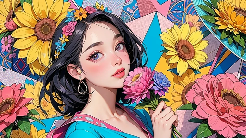 (ultra-Detailed Background, Detailed Background), Absurd, High resolution, Super detailed, Very detailed, One girl, (bouquet:1.3), (Tangled:1.2), (Geometric:1.2),(colorful),