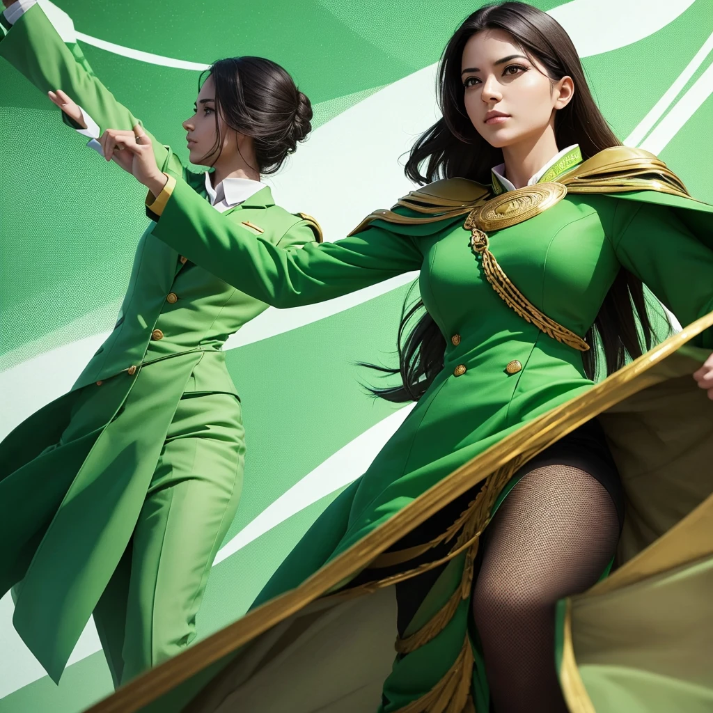 Create an image of a female advocate wearing green attire. She should exude strong leadership qualities, appearing confident and stylish. The image should portray her in a commanding pose, embodying authority and a sense of empowerment, with a backdrop that emphasizes her leadership role.