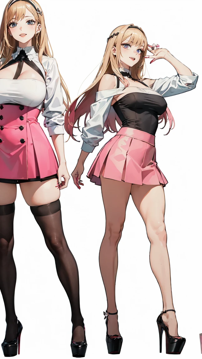 ((masterpiece, high resolution, better quality, better details)), ((Marin Kitagawa)), ((Smiling)), ((one girl)) a girl modeling standing, mini skirt, blouse, ((big neckline)), ((platform high heels)), pink eyes with black outline, (light blonde hair, straight hair, straight bangs, long hair)), long nails, pink nails, (((curvy body))), shiny skin, ((side view)), solo, bare shoulders, full body, focus full body, high heels, ((White background)),