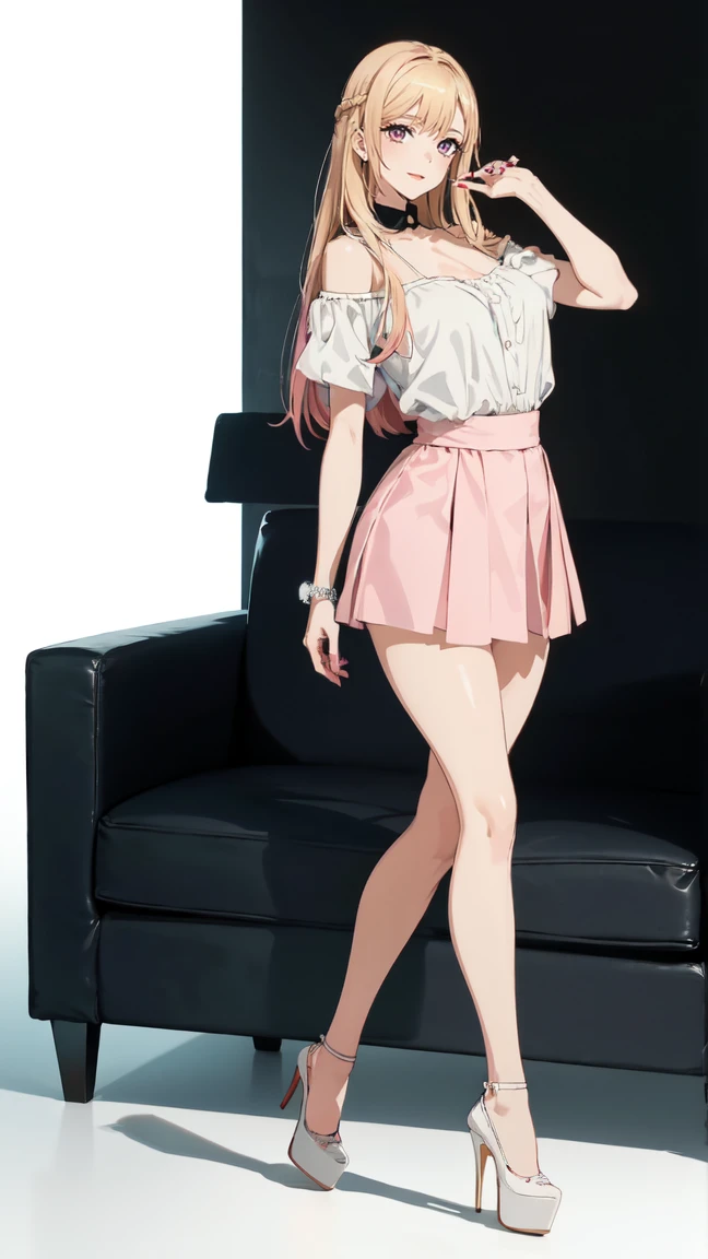 ((masterpiece, high resolution, better quality, better details)), ((Marin Kitagawa)), ((Smiling)), ((one girl)) a girl modeling standing, mini skirt, blouse, ((big neckline)), ((platform high heels)), pink eyes with black outline, (light blonde hair, straight hair, straight bangs, long hair)), long nails, pink nails, (((curvy body))), shiny skin, ((side view)), solo, bare shoulders, full body, focus full body, high heels, ((White background)),