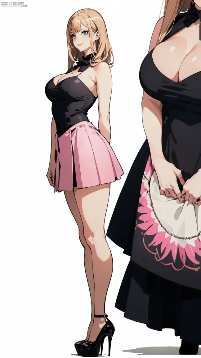 ((masterpiece, high resolution, better quality, better details)), ((Marin Kitagawa)), ((Smiling)), ((one girl)) a girl modeling standing, mini skirt, blouse, ((big neckline)), ((platform high heels)), pink eyes with black outline, (light blonde hair, straight hair, straight bangs, long hair)), long nails, pink nails, (((curvy body))), shiny skin, ((side view)), solo, bare shoulders, full body, focus full body, high heels, ((White background)),